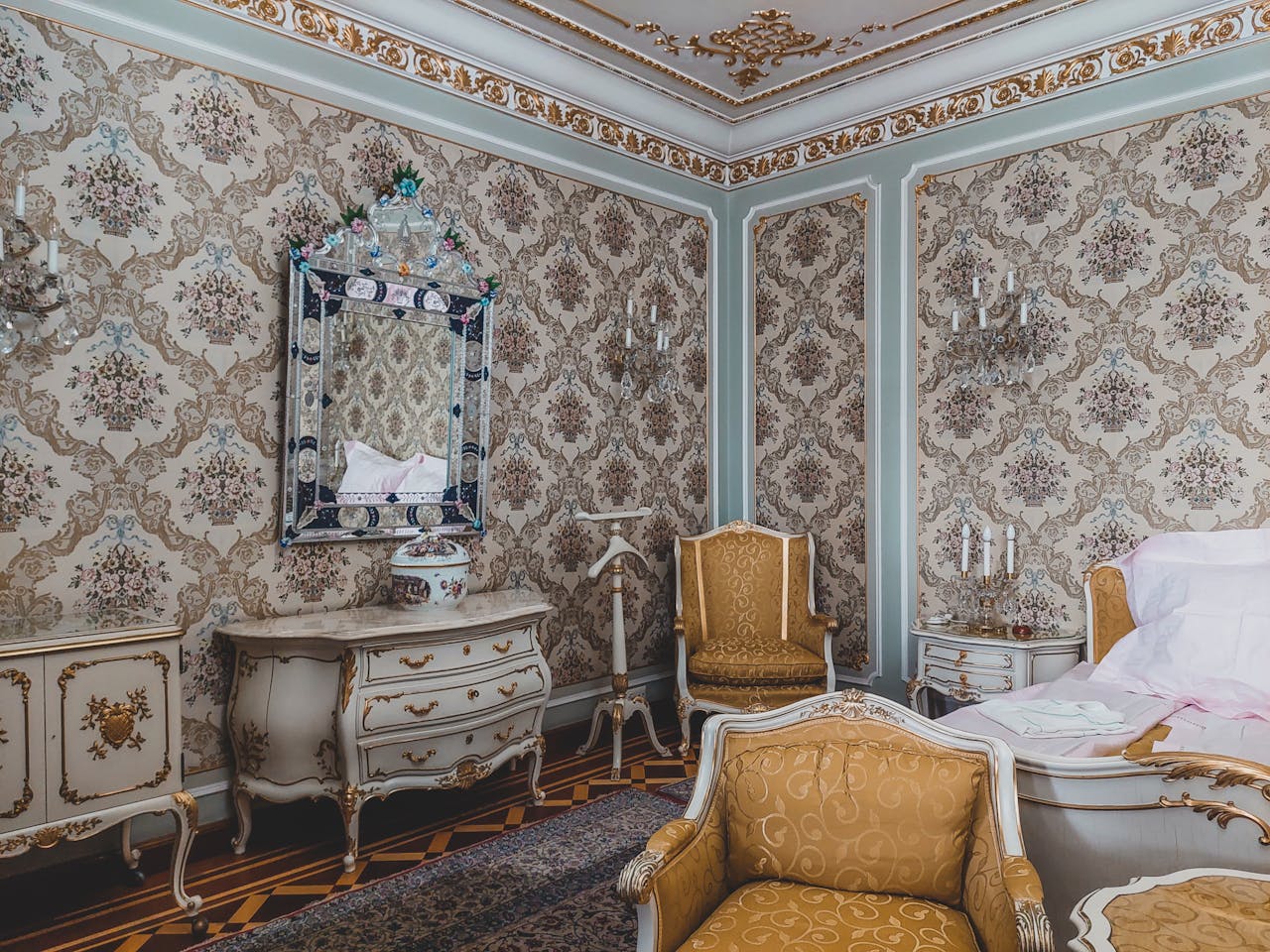 Opulent vintage bedroom interior with ornate furniture and decor in Bucharest.